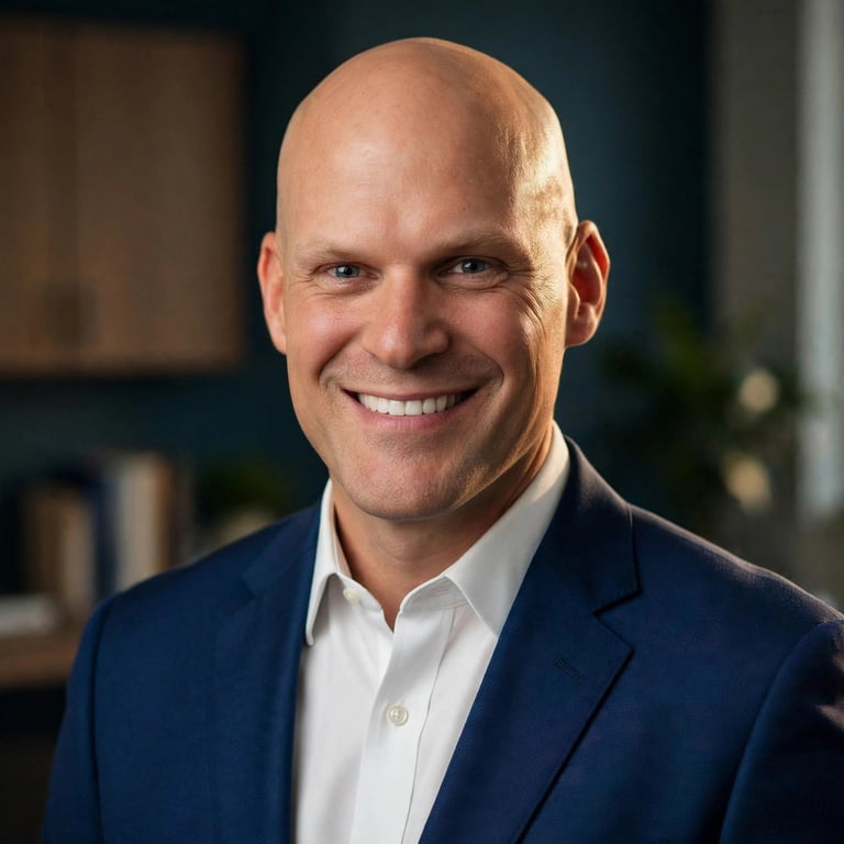 Professional headshot of a smiling bald man wearing a dark blue blazer and white shirt