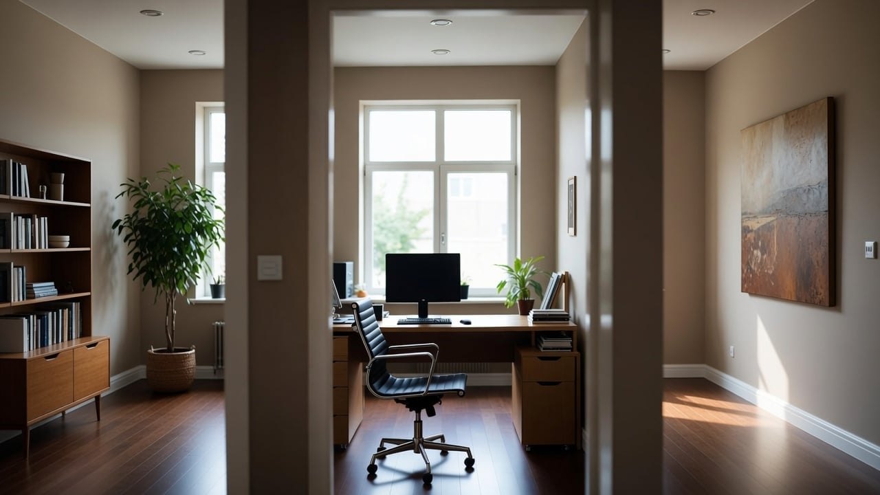 Modern home office viewed through open doorway, featuring desk with computer, office chair, wooden furniture, plants, and natural light from windows