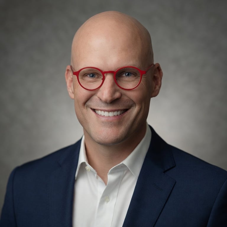 Smiling bald man wearing red-framed glasses, white dress shirt, and dark blue blazer against a gray background